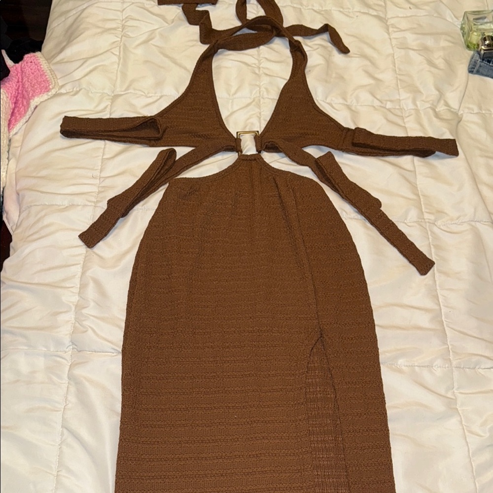 SHEIN Brown Ribbed Halter Bodycon Dress